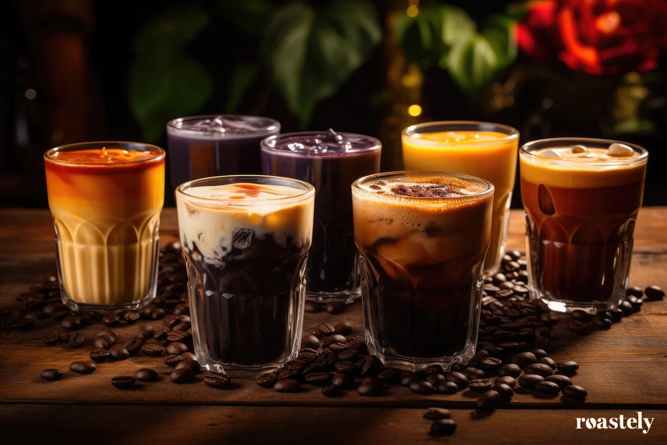 A variety of iced coffees on a wooden table from the top coffee bean drinks.